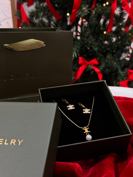 CONJUNTO CELINE  -  COLAR + BRINCOS + CAIXA + SACO